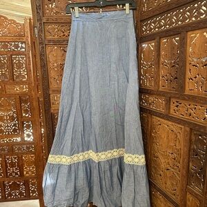 Blue Denim Maxi Skirt with Lace Trim